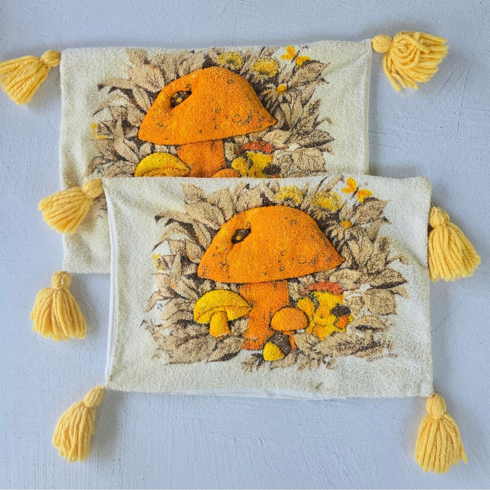 Vintage Handmade Mushroom Tassel Pillow Covers Set of 2 Retro 70s Boho Orange